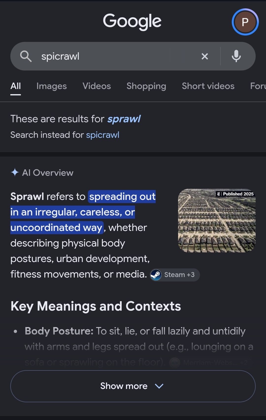 A Google search for "spicrawl" replaced by results for "sprawl", with an AI overview explaining the word sprawl