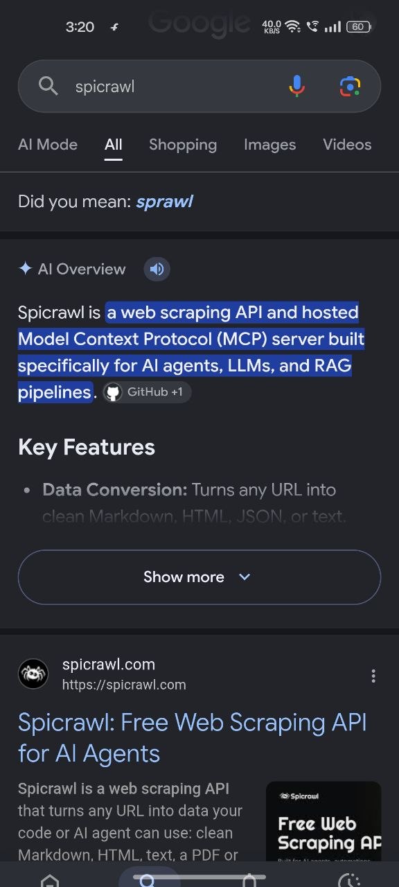 A Google search for "spicrawl" that shows a "Did you mean: sprawl" suggestion above Spicrawl's own website and an AI overview