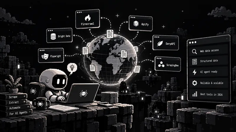 Pixel-art illustration of a robot at a laptop with Spicrawl spider stickers, next to a glowing globe linked to web data tools such as Firecrawl, Apify, Bright Data and ScrapingBee, and a panel listing web data access, structured data, AI agent ready and reliable and scalable.