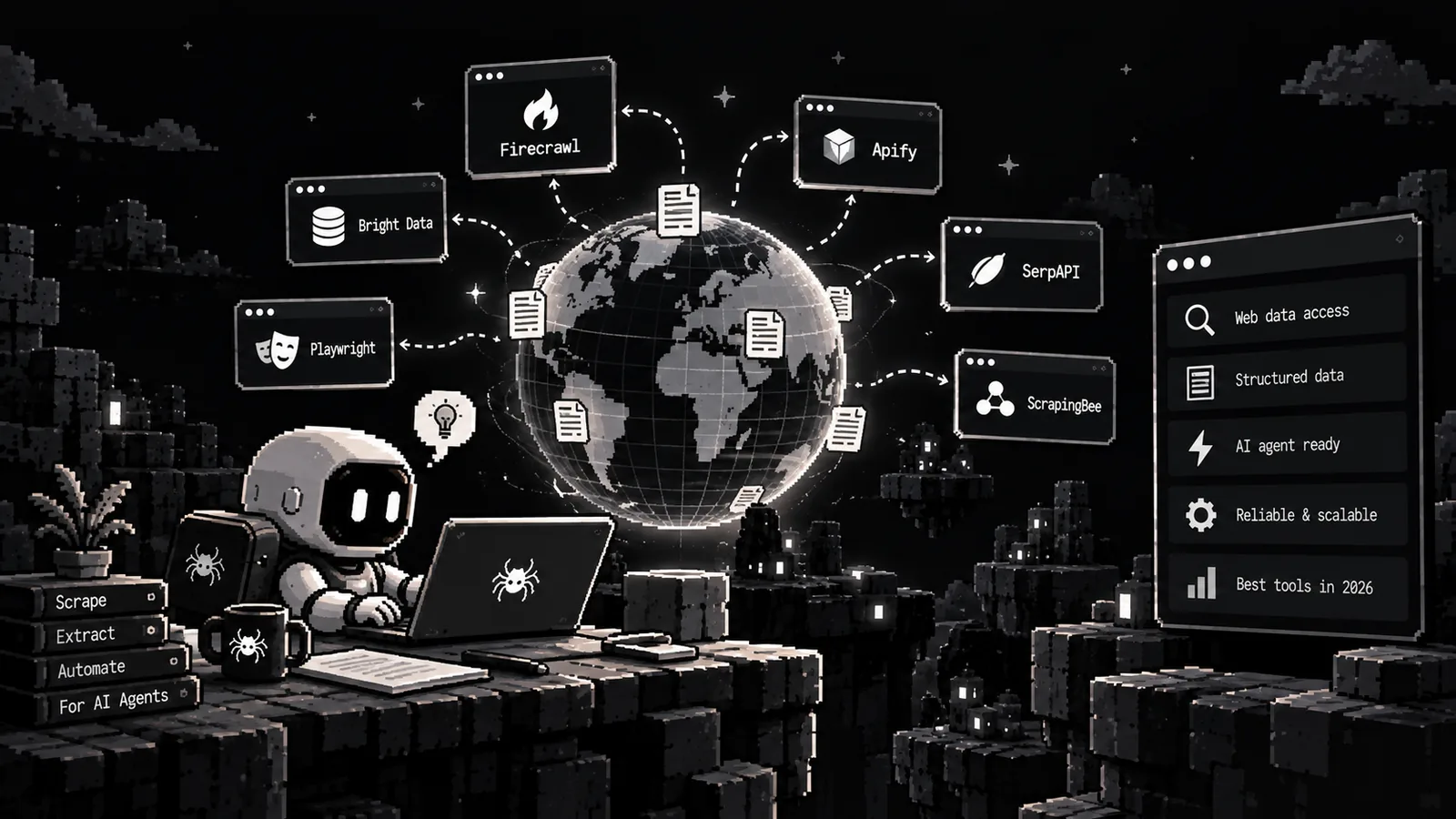 Pixel-art illustration of a robot at a laptop with Spicrawl spider stickers, next to a glowing globe linked to web data tools such as Firecrawl, Apify, Bright Data and ScrapingBee, and a panel listing web data access, structured data, AI agent ready and reliable and scalable.