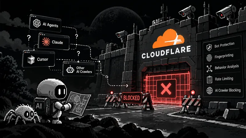 Pixel-art illustration of AI agents and crawlers, labelled AI Agents, Claude, Cursor and Other AI Crawlers, heading for a Cloudflare castle wall with a red BLOCKED gate and a panel listing bot protection, fingerprinting, behaviour analysis, rate limiting and AI crawler blocking, while a robot reads a map beside the Spicrawl spider.