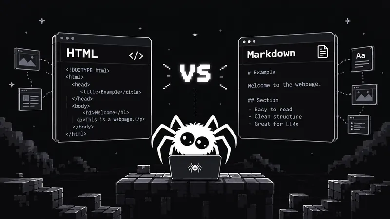 Pixel-art illustration of a browser window showing HTML code on the left and a window showing the same page as Markdown on the right, with the Spicrawl spider at a laptop between them under the word VS.