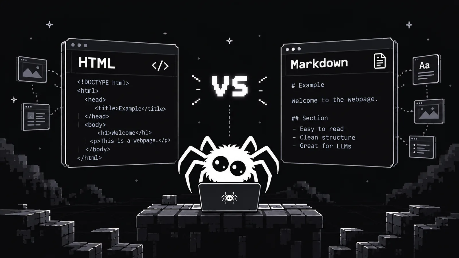Pixel-art illustration of a browser window showing HTML code on the left and a window showing the same page as Markdown on the right, with the Spicrawl spider at a laptop between them under the word VS.