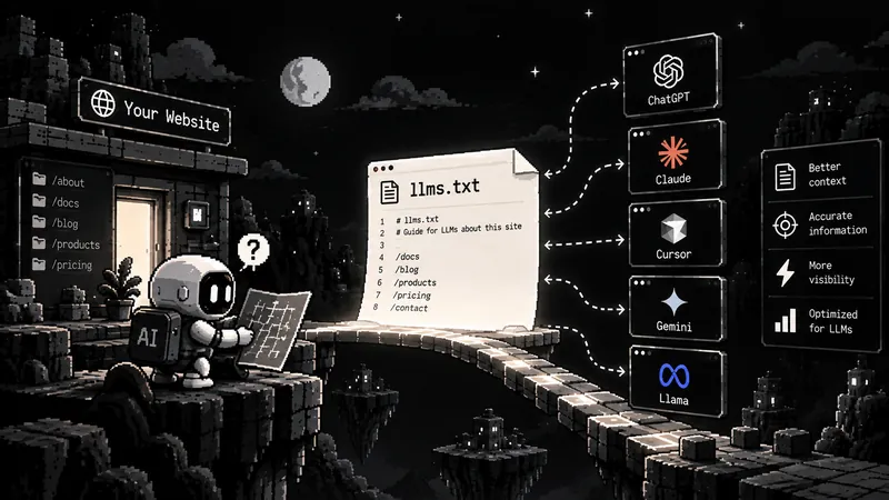 Pixel-art illustration of a robot holding a map beside a building labelled Your Website, with a glowing llms.txt file on a bridge leading to AI tools named ChatGPT, Claude, Cursor, Gemini and Llama, and a panel listing better context, accurate information, more visibility and optimised for LLMs.