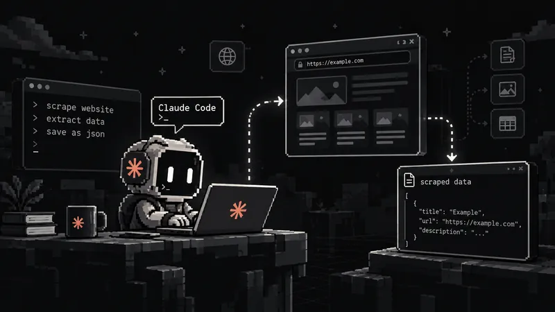 Pixel-art illustration of a robot labelled Claude Code typing at a laptop next to a terminal reading scrape website, extract data, save as json, with arrows from a web page at example.com to a window of scraped JSON data.