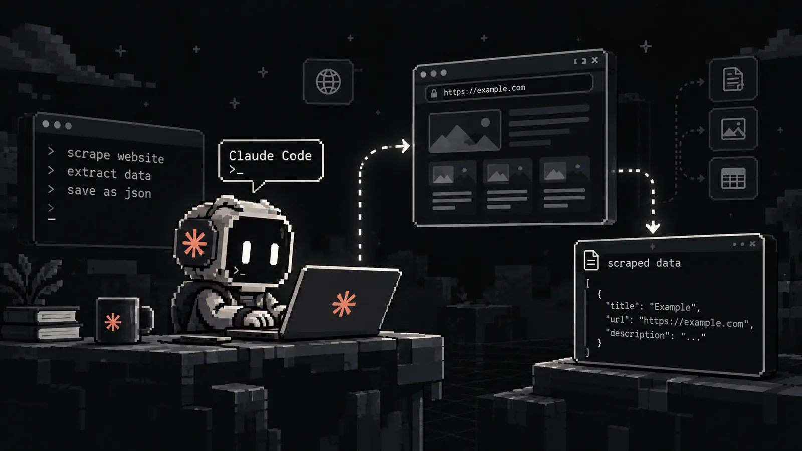 Pixel-art illustration of a robot labelled Claude Code typing at a laptop next to a terminal reading scrape website, extract data, save as json, with arrows from a web page at example.com to a window of scraped JSON data.