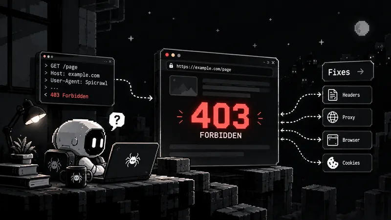 Pixel-art illustration of a robot at a laptop with Spicrawl spider stickers, sending a request that comes back 403 Forbidden, next to a browser window showing a large red 403 FORBIDDEN and a list of four fixes: headers, proxy, browser and cookies.