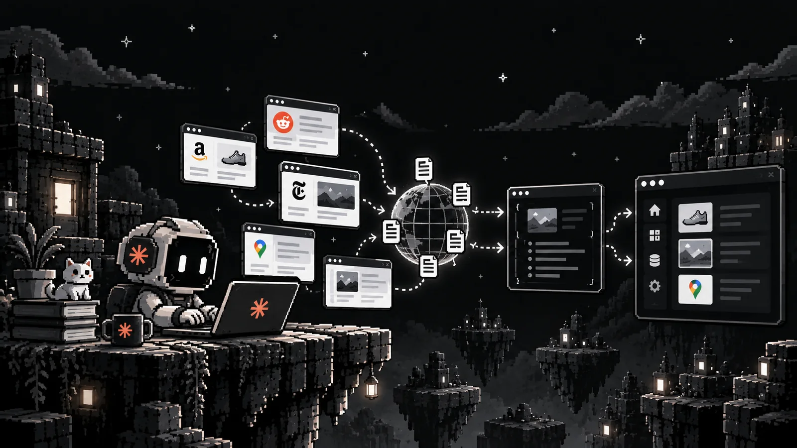 Pixel-art robot at a laptop, with web pages flowing through a globe into structured data and an app dashboard.